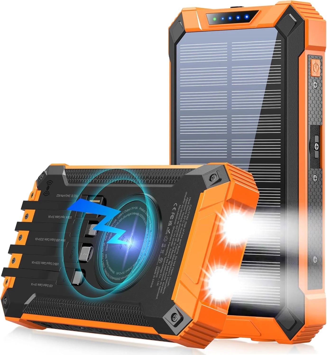 Solar Power Bank 36000mAh, Qi Wireless Solar Charger Built in 4 Cables, IPX4 Waterproof Battery Pack with 3 Input & 6 Output, LED Flashlight/Carabiner, suitable for Hiking Camping Adventure(Orange)