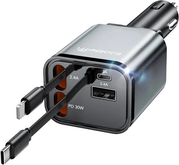 Starry Sky 4-in-1 Car Charger with LED Projector, USB-C Quick Charging, Retractable Cable, Purple Ambient Light for Mobile Phones