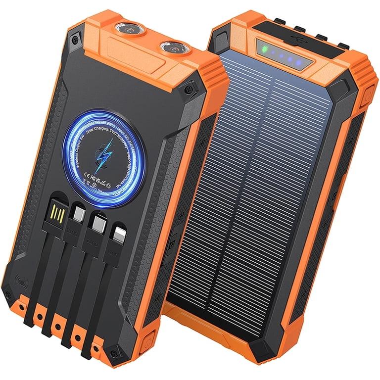 Solar Power Bank 36000mAh, Qi Wireless Solar Charger Built in 4 Cables, IPX4 Waterproof Battery Pack with 3 Input & 6 Output, LED Flashlight/Carabiner, suitable for Hiking Camping Adventure(Orange)