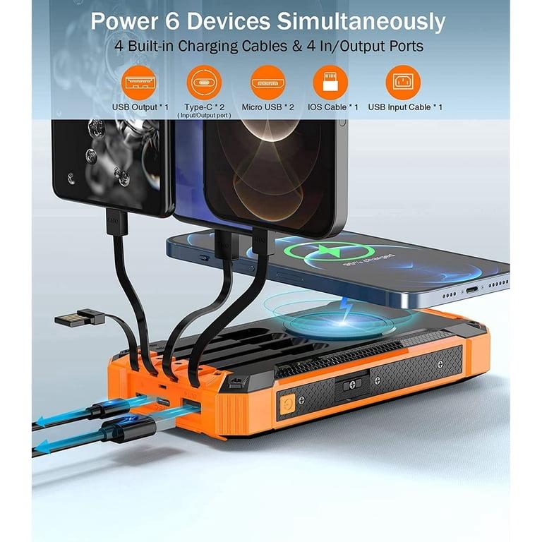 Solar Power Bank 36000mAh, Qi Wireless Solar Charger Built in 4 Cables, IPX4 Waterproof Battery Pack with 3 Input & 6 Output, LED Flashlight/Carabiner, suitable for Hiking Camping Adventure(Orange)