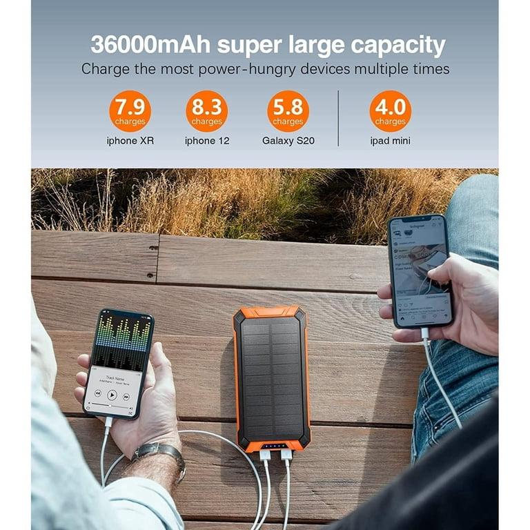 Solar Power Bank 36000mAh, Qi Wireless Solar Charger Built in 4 Cables, IPX4 Waterproof Battery Pack with 3 Input & 6 Output, LED Flashlight/Carabiner, suitable for Hiking Camping Adventure(Orange)