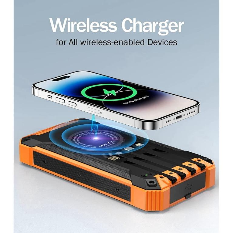 Solar Power Bank 36000mAh, Qi Wireless Solar Charger Built in 4 Cables, IPX4 Waterproof Battery Pack with 3 Input & 6 Output, LED Flashlight/Carabiner, suitable for Hiking Camping Adventure(Orange)