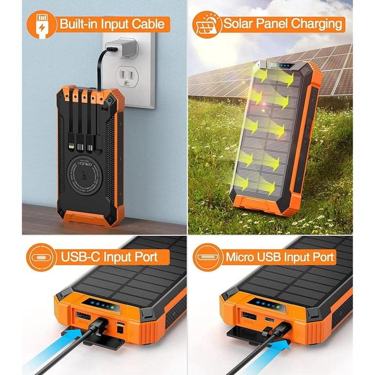 Solar Power Bank 36000mAh, Qi Wireless Solar Charger Built in 4 Cables, IPX4 Waterproof Battery Pack with 3 Input & 6 Output, LED Flashlight/Carabiner, suitable for Hiking Camping Adventure(Orange)