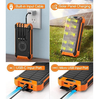 Solar Power Bank 36000mAh, Qi Wireless Solar Charger Built in 4 Cables, IPX4 Waterproof Battery Pack with 3 Input & 6 Output, LED Flashlight/Carabiner, suitable for Hiking Camping Adventure(Orange)