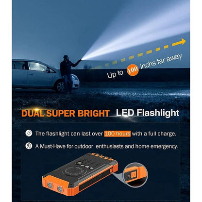 Solar Power Bank 36000mAh, Qi Wireless Solar Charger Built in 4 Cables, IPX4 Waterproof Battery Pack with 3 Input & 6 Output, LED Flashlight/Carabiner, suitable for Hiking Camping Adventure(Orange)