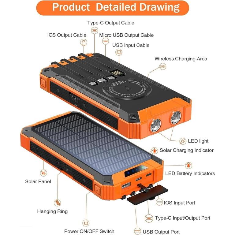 Solar Power Bank 36000mAh, Qi Wireless Solar Charger Built in 4 Cables, IPX4 Waterproof Battery Pack with 3 Input & 6 Output, LED Flashlight/Carabiner, suitable for Hiking Camping Adventure(Orange)