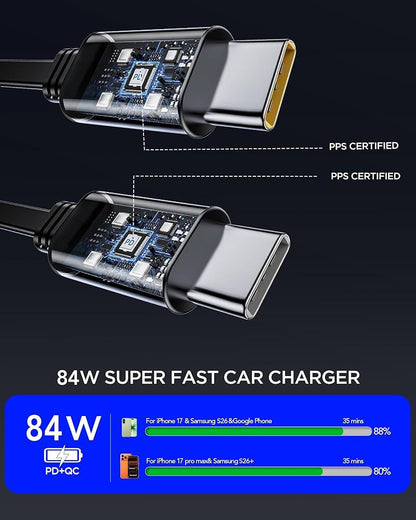 Starry Sky 4-in-1 Car Charger with LED Projector, USB-C Quick Charging, Retractable Cable, Purple Ambient Light for Mobile Phones