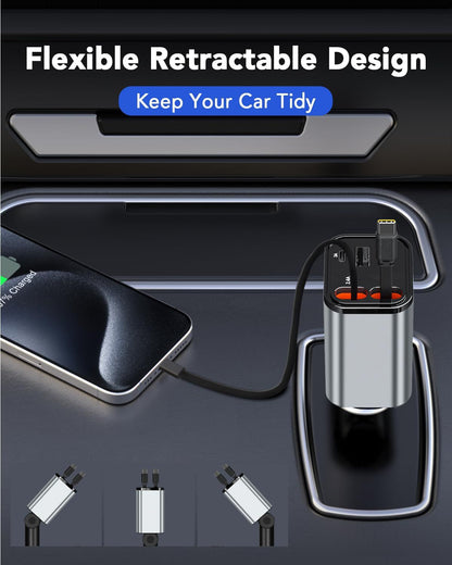 Starry Sky 4-in-1 Car Charger with LED Projector, USB-C Quick Charging, Retractable Cable, Purple Ambient Light for Mobile Phones