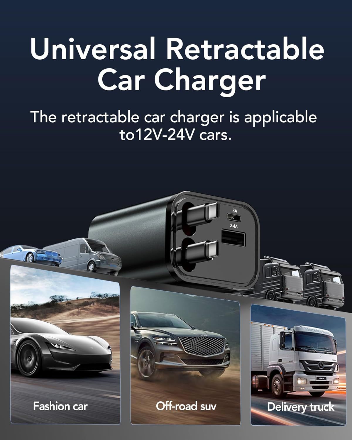 Starry Sky 4-in-1 Car Charger with LED Projector, USB-C Quick Charging, Retractable Cable, Purple Ambient Light for Mobile Phones